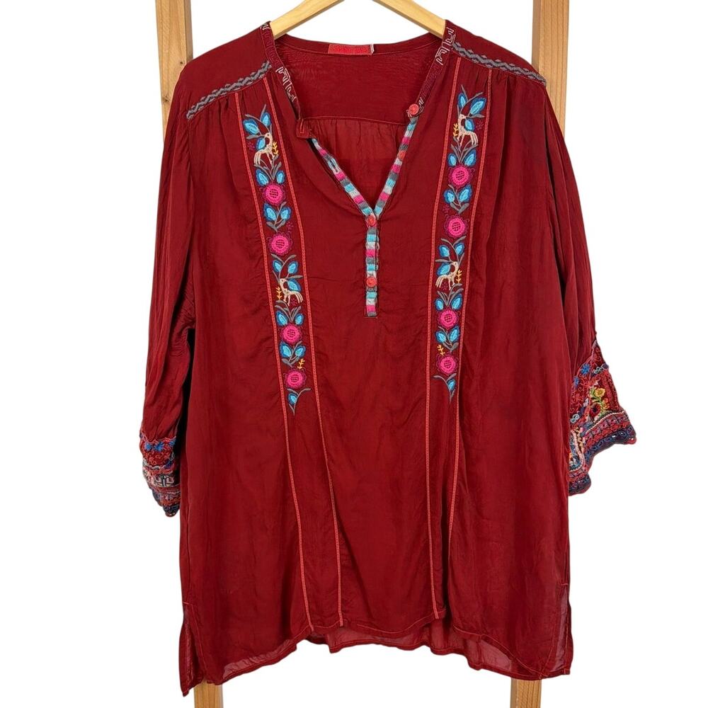 Johnny Was Dark Red Embroidered V Neck Asymmetric Tunic Top Plus Size XXL